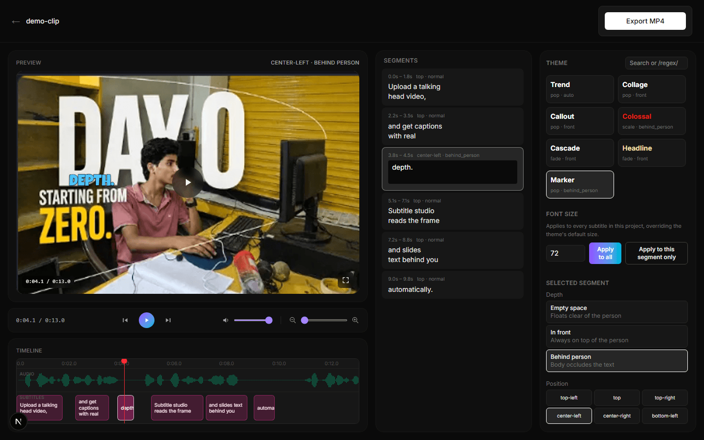 Bloop Studio's editor: video preview with a bold caption theme applied, segment list, theme picker, and timeline